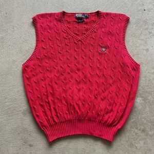 Vintage 90s Polo Ralph Lauren Sweater Vest Size XL Red Cable Knit Golf Crest